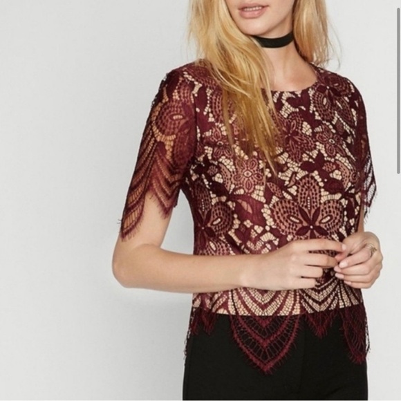 Express Burgundy Lace Skirt Set Top Size S/P Skirt Size 8 - Picture 6 of 9